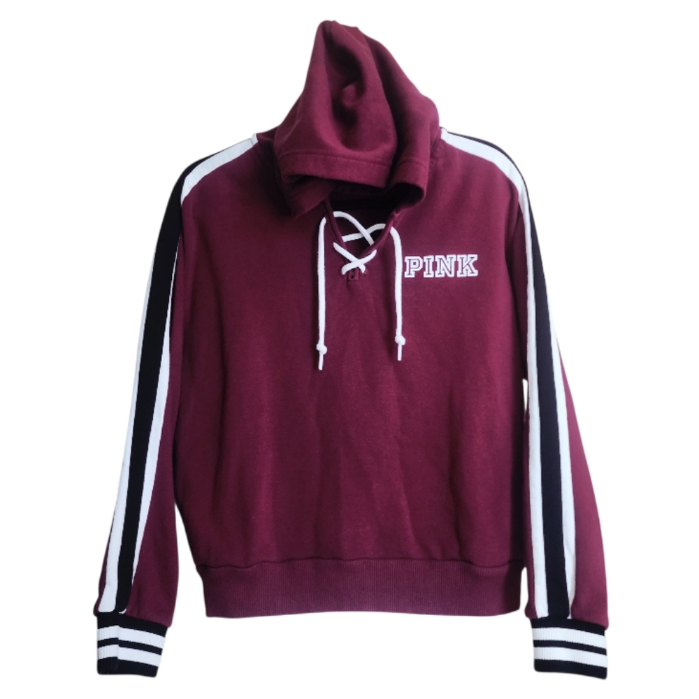 Victoria’s Secret PINK Hoodie Sweatshirt Lace Up Burgundy Maroon Y2k Streetwear